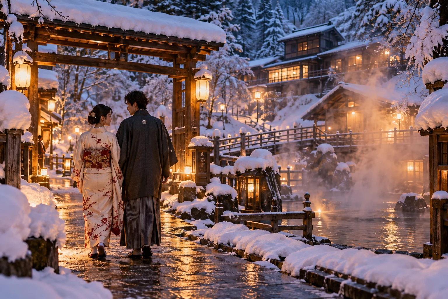 夕暮れの雪の温泉街